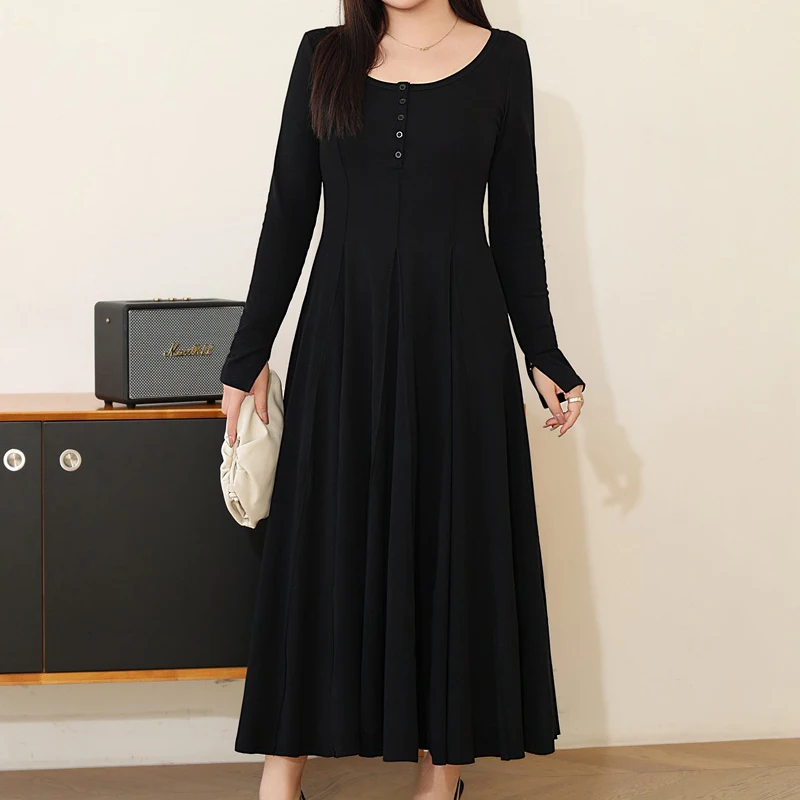 

Supermodel Slim Drape Effect Long Dress Women XL Autumn 2024 Good Quality New French OL Big O-Neck Floor-Length Dresses