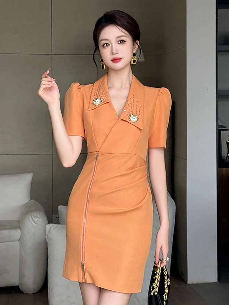 Summer Asymmetrical Business Formal Occasion Pencil Dress Women Clothes Elegant Office Short Sleeve Skinny Folds Party Vestidos