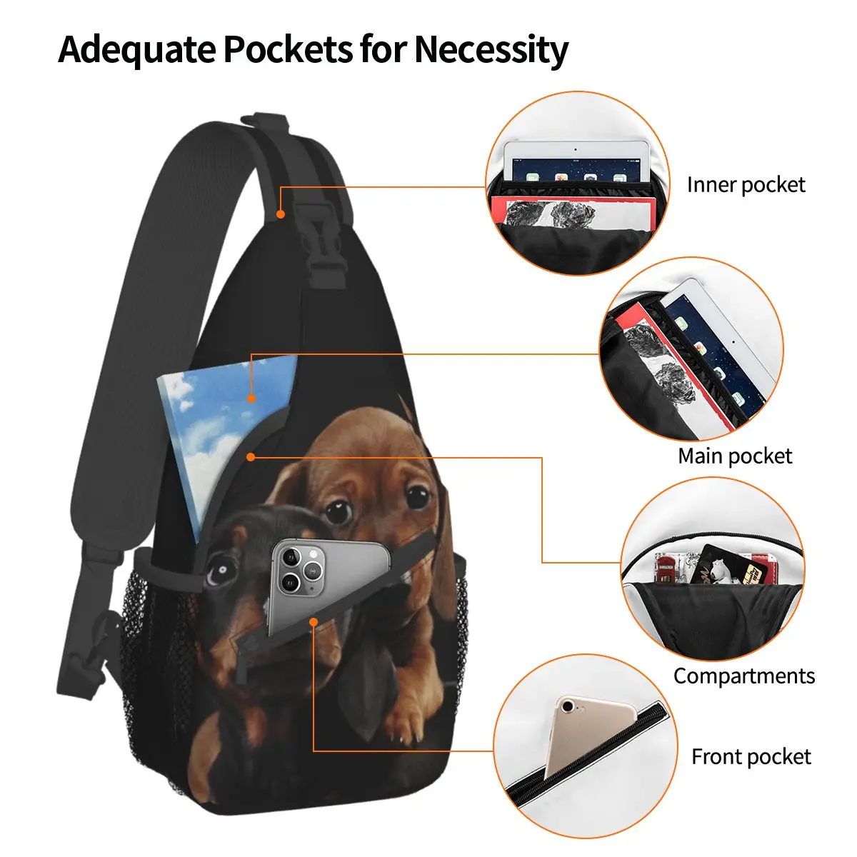 Dachshund Dog Crossbody Sling Bag Pattern Chest Bag Wiener Sausage Doxie Shoulder Backpack Daypack for Travel Hiking Sports Pack