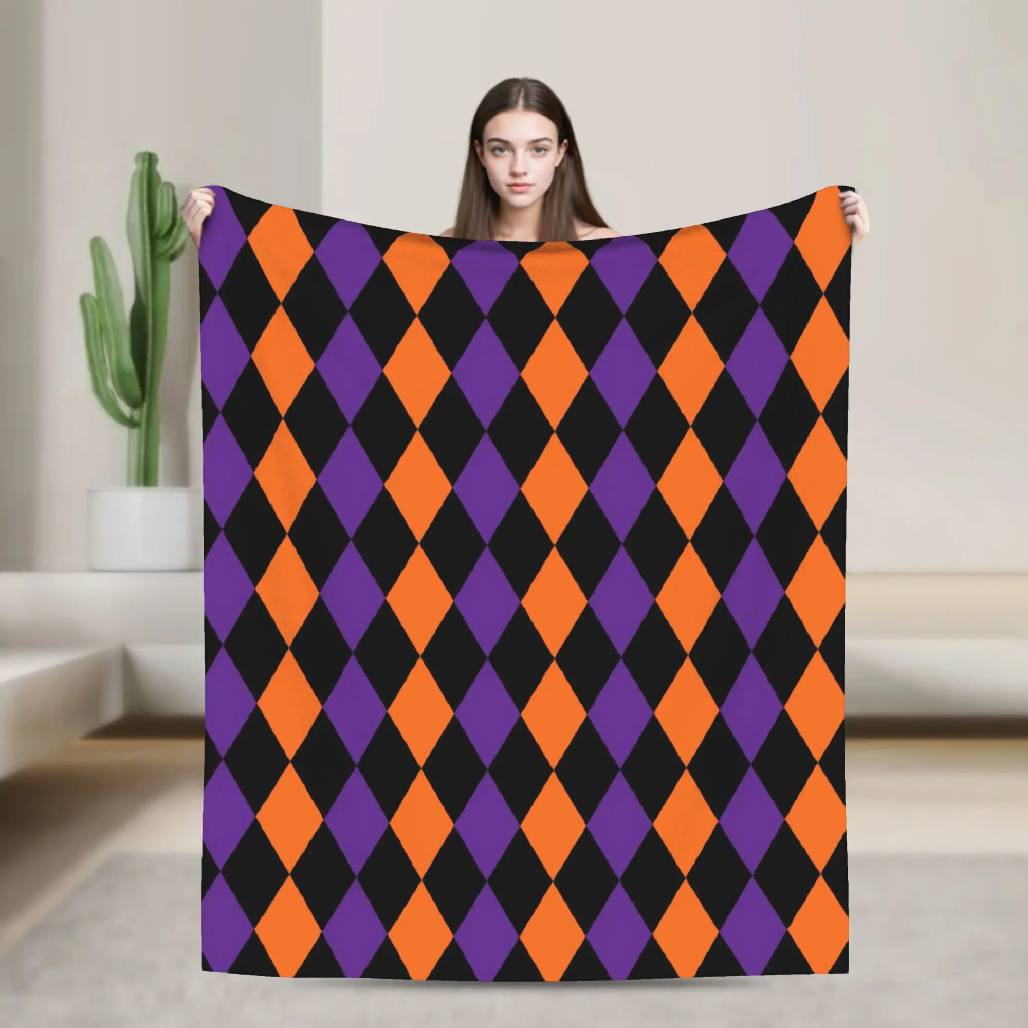 Purple Orange Black Diamond Halloween Blanket  Wool Awesome Warm Throw Blanket for Chair Covering Sofa Summer