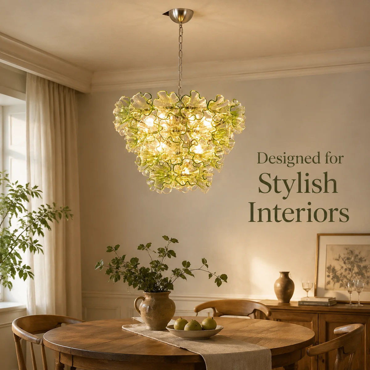 REVEN Modern Luxury Teal Flowers Glass Pendant Light Dimmable Adjustable Height Chain Chandelier for Dining Room Hotel Villa