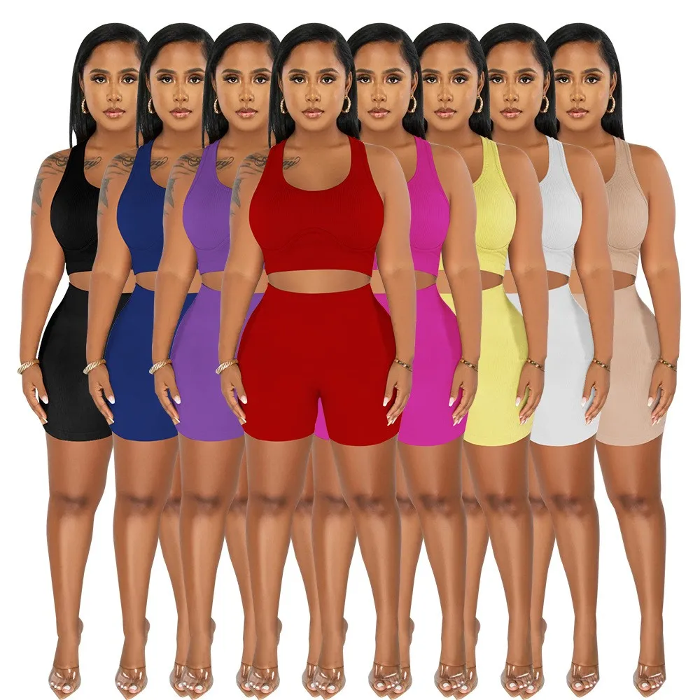 

Summer Women's Clothing Sexy Outfits 2 Piece Set Sleeveless U Neck Crop Top And Capri Shorts Matching Set Polyester Fabric
