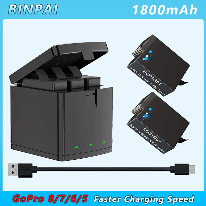 

GoPro 8/7/6/5 battery and Type-C fast charger ,1800mAh battery For GoPro Hero 8 Hero 7 Hero 6 Hero 5 Camera Accessories