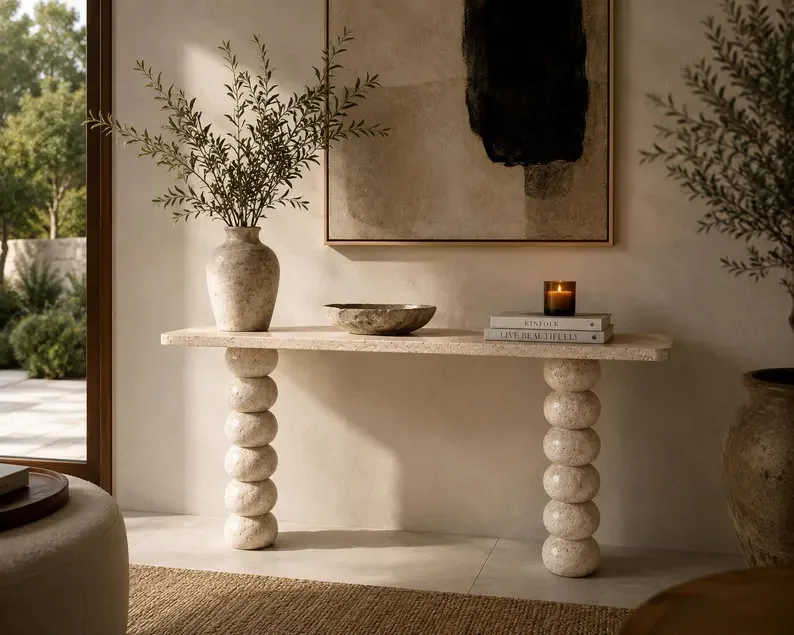 Modern Wabi-sabi Travertine Console Table Sculptural Stacked Orb Leg Entry Table for High-end Designer Project