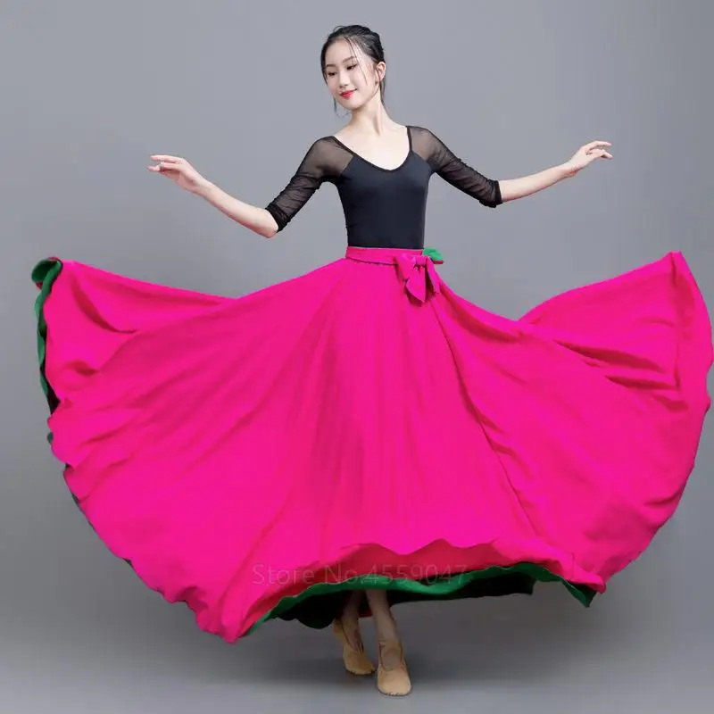 Women Spanish Flamenco Skirt Dance Practice Wear Two Colors On Both Sides Lacing Long Big Swing Performance Gypsy Lady Belly