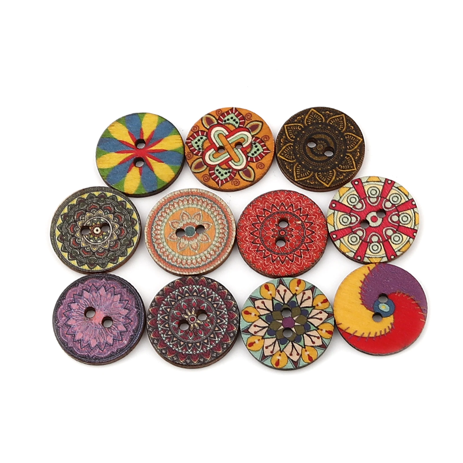 100 PCs 20mm 25mm Dia. Wood Buddhism Mandala Sewing Buttons Scrapbooking Two Holes Round Multicolor Flower  For DIY Craft Making