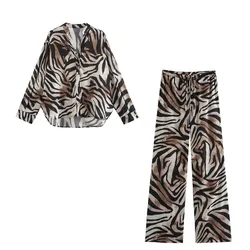 2024 Autumn New Women's Clothing Animal Pattern Tiger Pattern Printed Long Sleeve Collar Shirt High Waist Wide Leg Pants Set