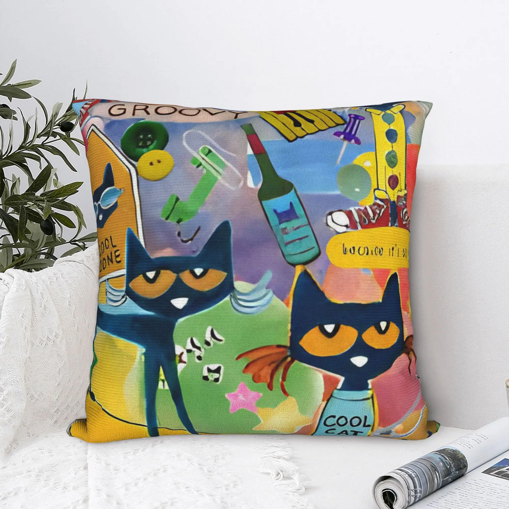 Cool Cartoon Kitten Pete the Cat Square Pillow Cases Cushion Cover Custom Zippered Decorative Pillowcase for Living Room 40x40cm