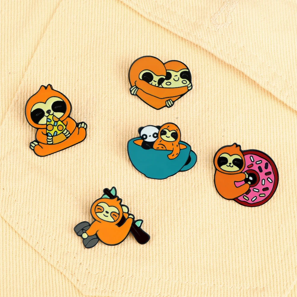 New Cute Sloth Eating Delicacy Brooches Animal with Barbell Enamel Pins Kids Backpack Decoration Badges Jewelry Gift for Friend