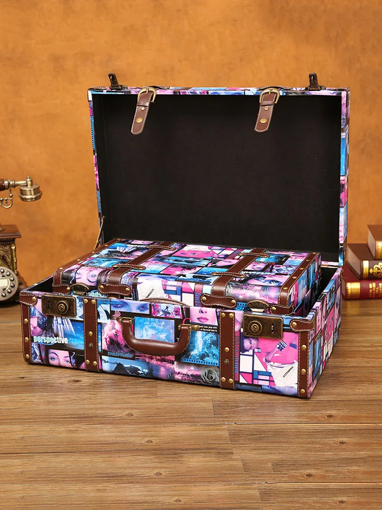 Customized Retro Showcase Decoration Suitcase,Old-fashioned Leather Case,Photography Props,Household Storage Box,Wooden Boxs