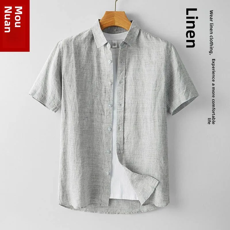 

Color Woven Pure Linen Shirt Summer Men's Loose Thin Short Sleeve Casual Outdoor Leisure Linen Top Citywalk Flip Collar