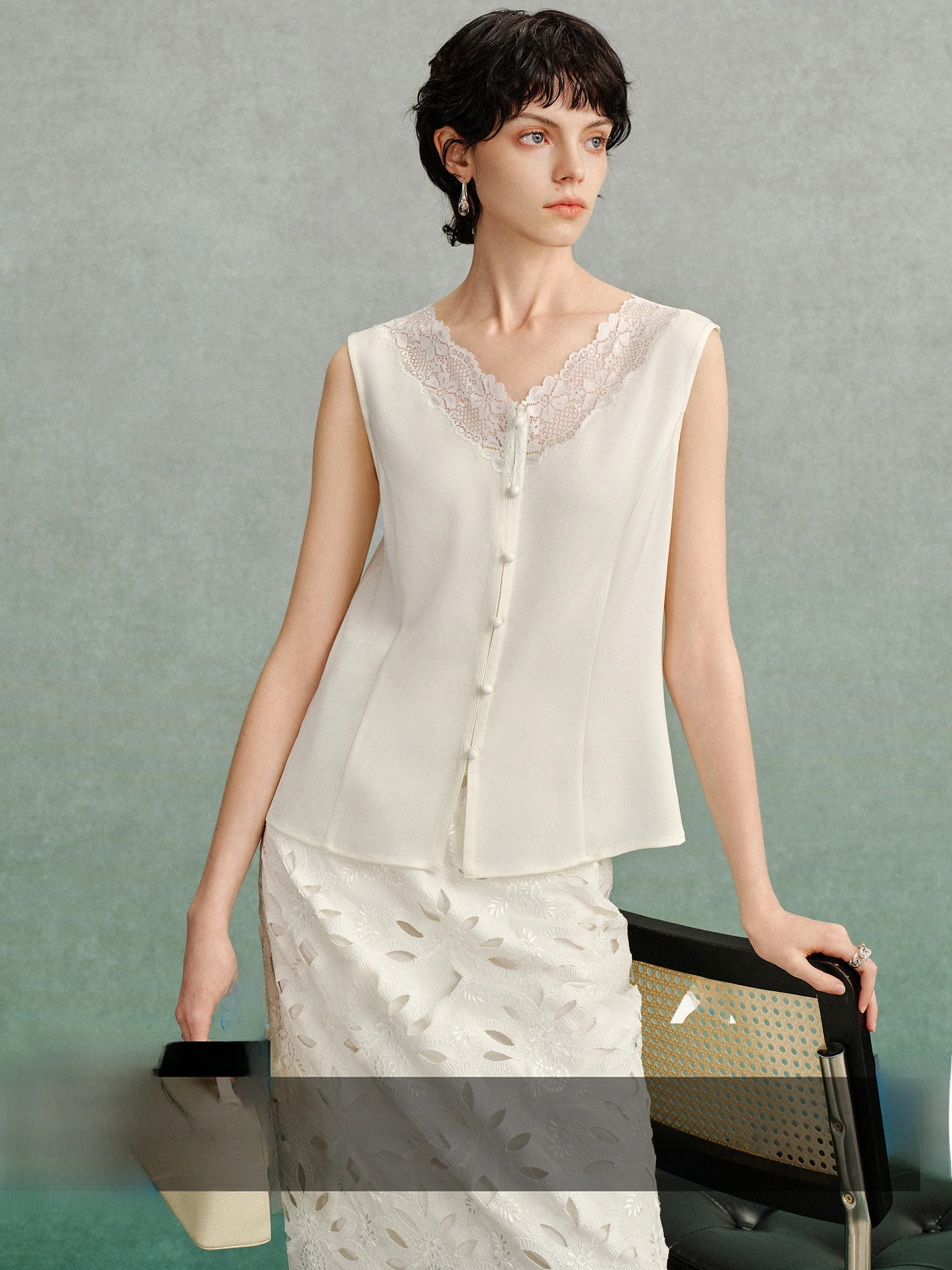 

CA Летний кружевной укороченный топ, женский жилет с v-образным вырезом и утягивающей талией, милый Sle, прямой крой, ацетатный полиэстер...