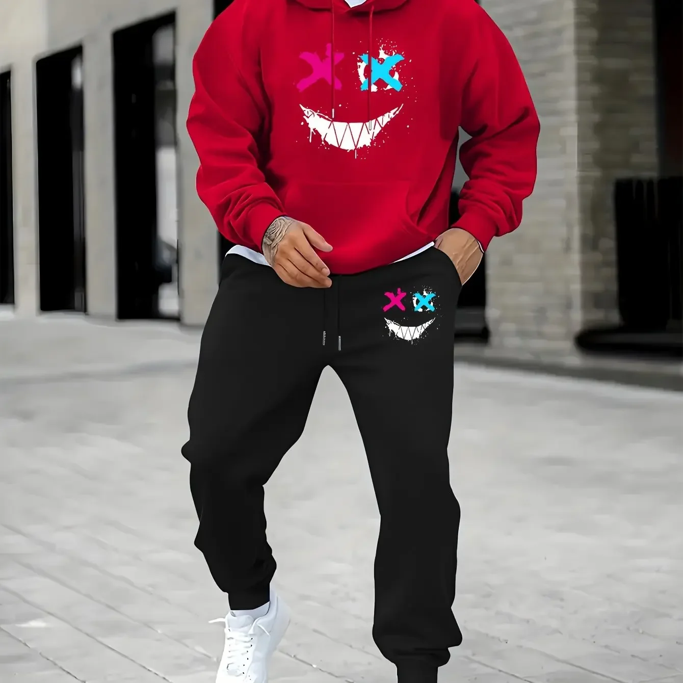 2026 printed sportswear set men's hooded sweatshirt long pants set spring and autumn winter warm suit