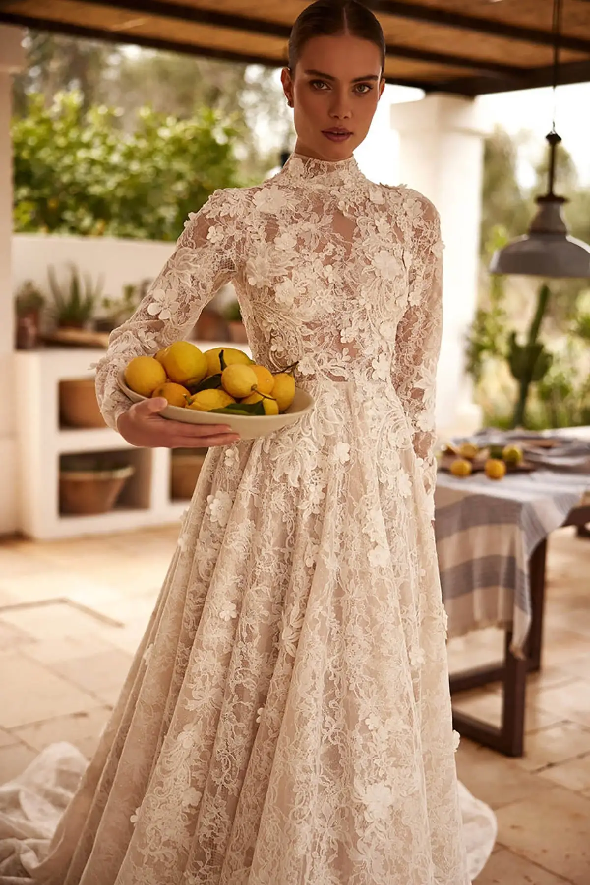 Vestidos de novia románticos de corte a, apliques de cuello alto de encaje, vestidos de novia de manga larga, vestidos de graduación, Vestido de novia personalizado