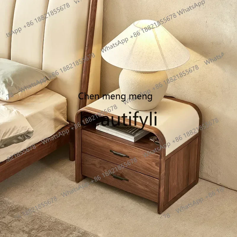D178   All solid wood bedside table Italian style bedroom North American black walnut side cabinet Saddle leather veneer locker