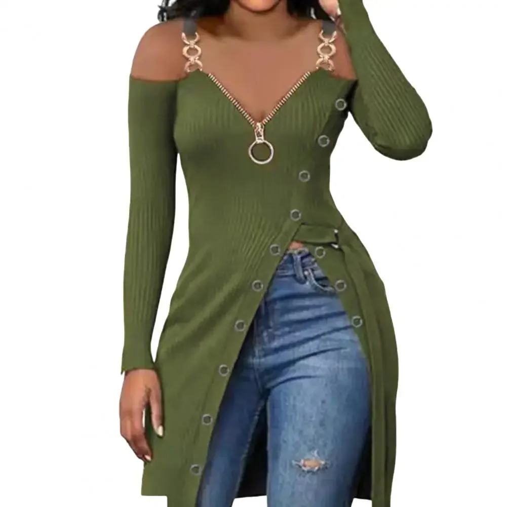 Long Sleeve Buttoned Decor Waist Band Women Blouse