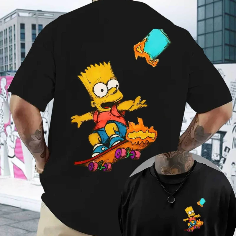 Summer Simpsons Pattern Casual Short-sleeved T-shirt, Printed Bart Skateboard Flame Pattern Soft and Comfortable Top