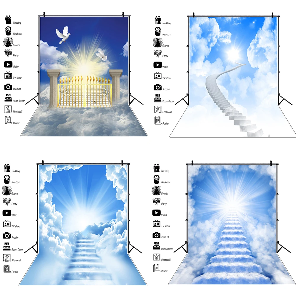 Laeacco Wonderland Shinny Cloudy Stairs To Sky Photography Backgrounds Heaven Holy Cross Jesus Room Decro For Photo Backdrops