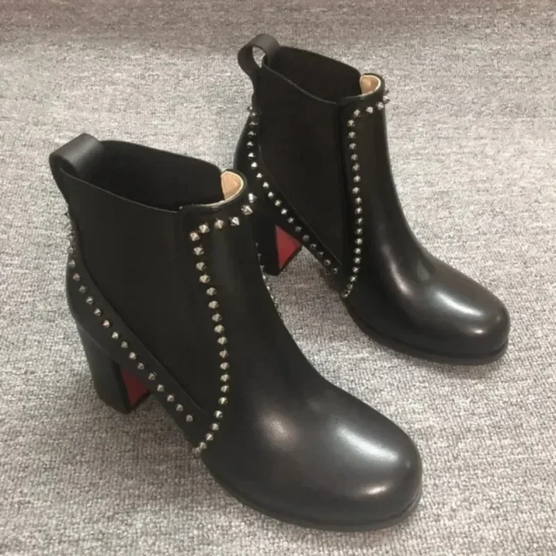 

TOP QUALITY Real Cow Leather Ankle Boots Woman Round Toe Rivet High Heels Shoes Woman Sexy Chelsea Boots Red Bottoms Shoes 8cm