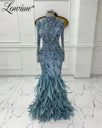 Feathers Heavy Beading Evening Dresses Long Sleeve Crystals Sequined Wedding Party Dress Women Arabic Dubai Prom Gown Customized