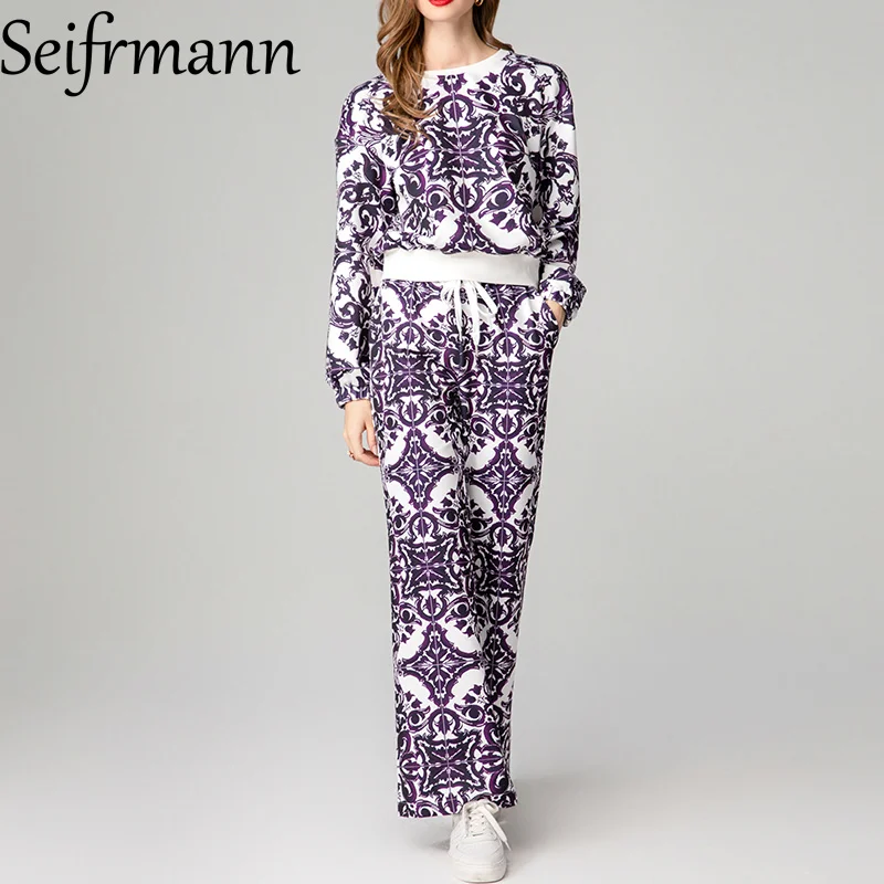 Seifrmann Purple printed round neck long sleeved elastic waisted straight leg pants casual vacation fashionable dress