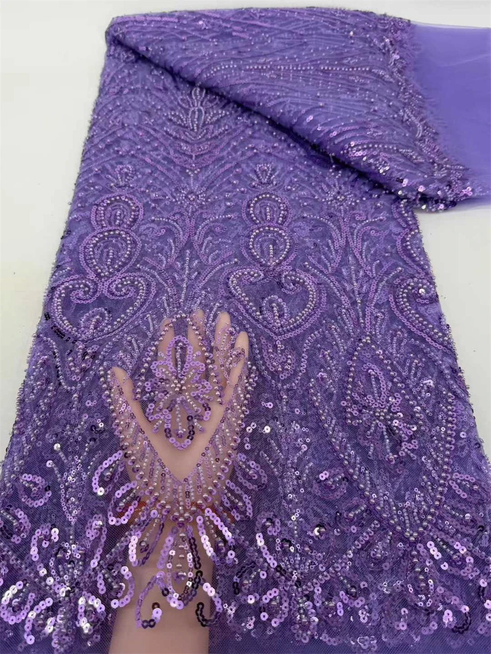 

Fashion Heavy Beaded Net Lace Fabric With Shiny Sequins French Embroidery Purple African Nigerian Tulle Mesh For Wedding Dress