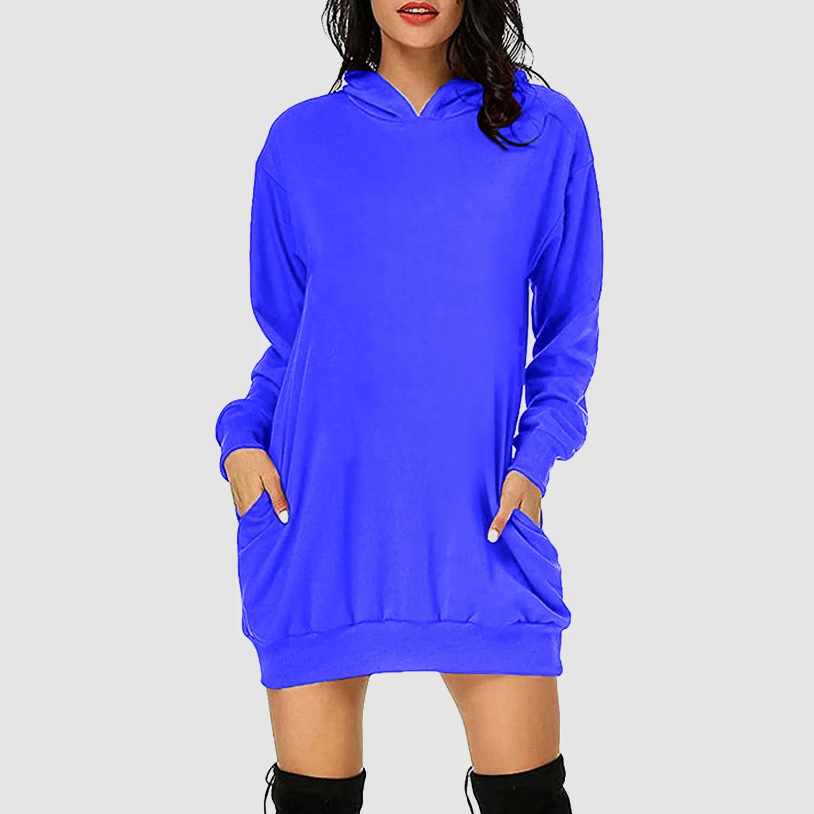 Solid Sleeve Long Comfort Casual Shirt Color Fashion Pullover Dress Long Hoodie Tee largos Pocket Vestidos Women's vestidos