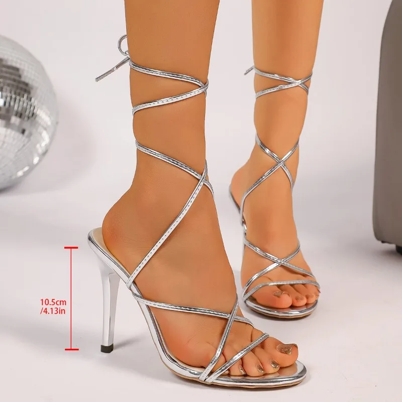 Women’s Silver Thin-Strap Wrap High-Heeled Sandals Summer New Sexy Open-Toe Lace-Up Stiletto Roman Shoes image 3