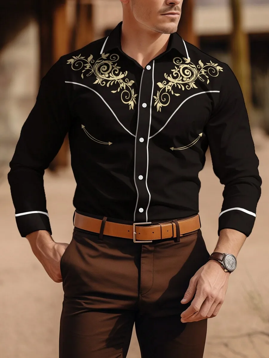 Vintage Floral Print Long Sleeve Men's Shirt