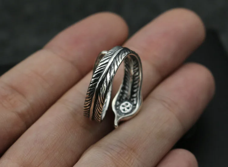 925 Sterling Silver Feather Ring Handmade Net Red Street Shoot Jewelry Men and Women Open Vintage Ring Index Finger