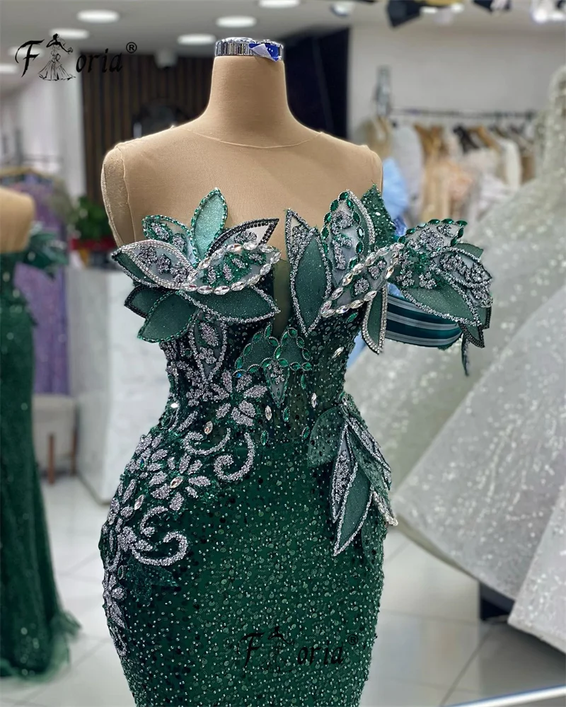 Lange Smaragdgroene Zeemeermin Avondjurken 2023 Mouwloze Prom Outfits Voor Zwarte Meisjes 3d Leaf Details Vrouw Trouwfeestjurk