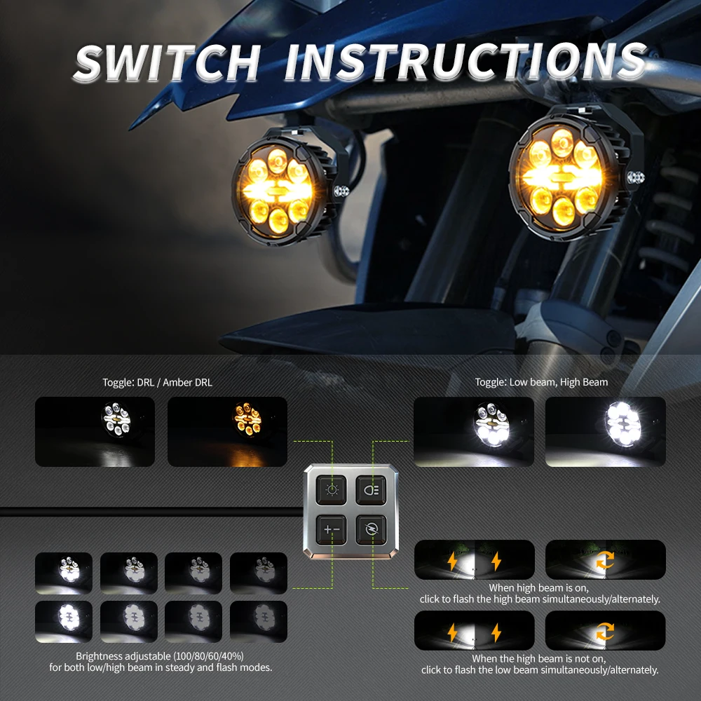 Braveway Offroad-Projektorlinse 3,5" Motorrad-LED-Pods Weiß-Gelb Fern- und Abblendlicht LED-Arbeitsleuchte mit Kabel für Dirt Bike ATV Nebelscheinwerfer