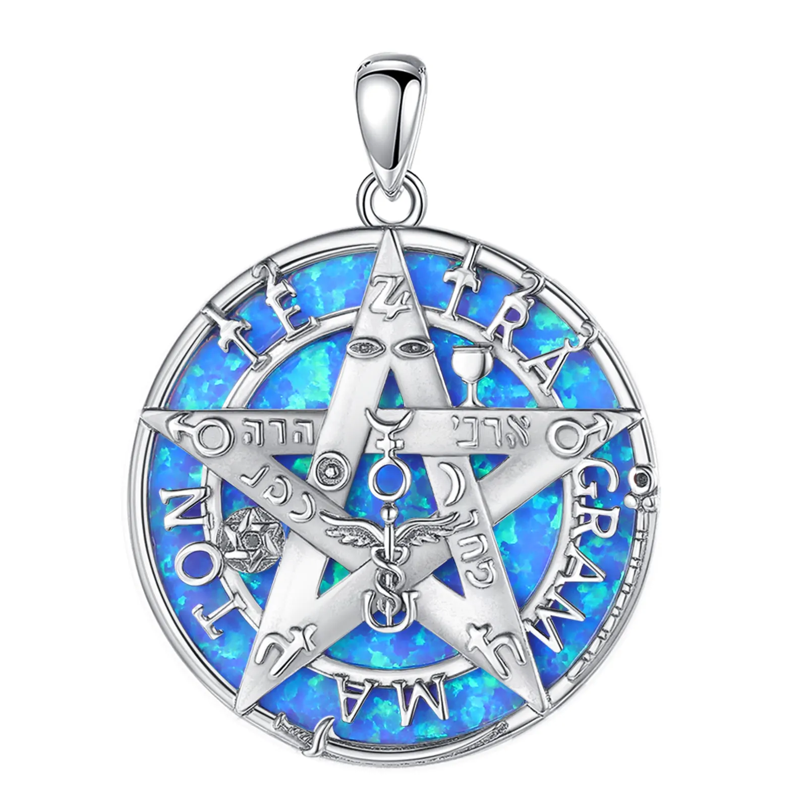 Eudora Halskette aus 925er-Sterlingsilber, Tetragrammaton-Pentagramm, Farbe, Muschel, Malachit, Amulett-Anhänger, 4-farbig, für Männer und Frauen, Schmuck, Geschenk