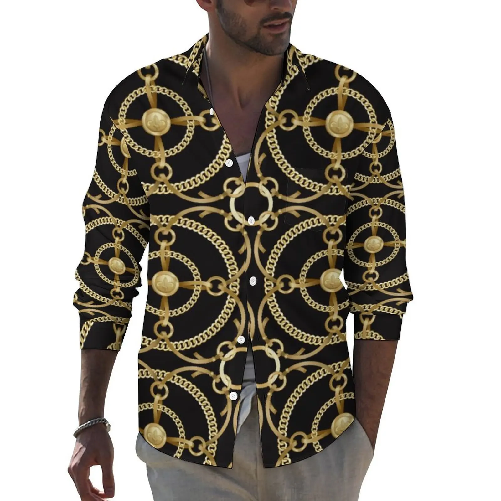 

Golden Chain Print Casual Shirts Men Circles Art Shirt Long Sleeve Vintage Streetwear Blouses Autumn Top Plus Size 3XL 4XL