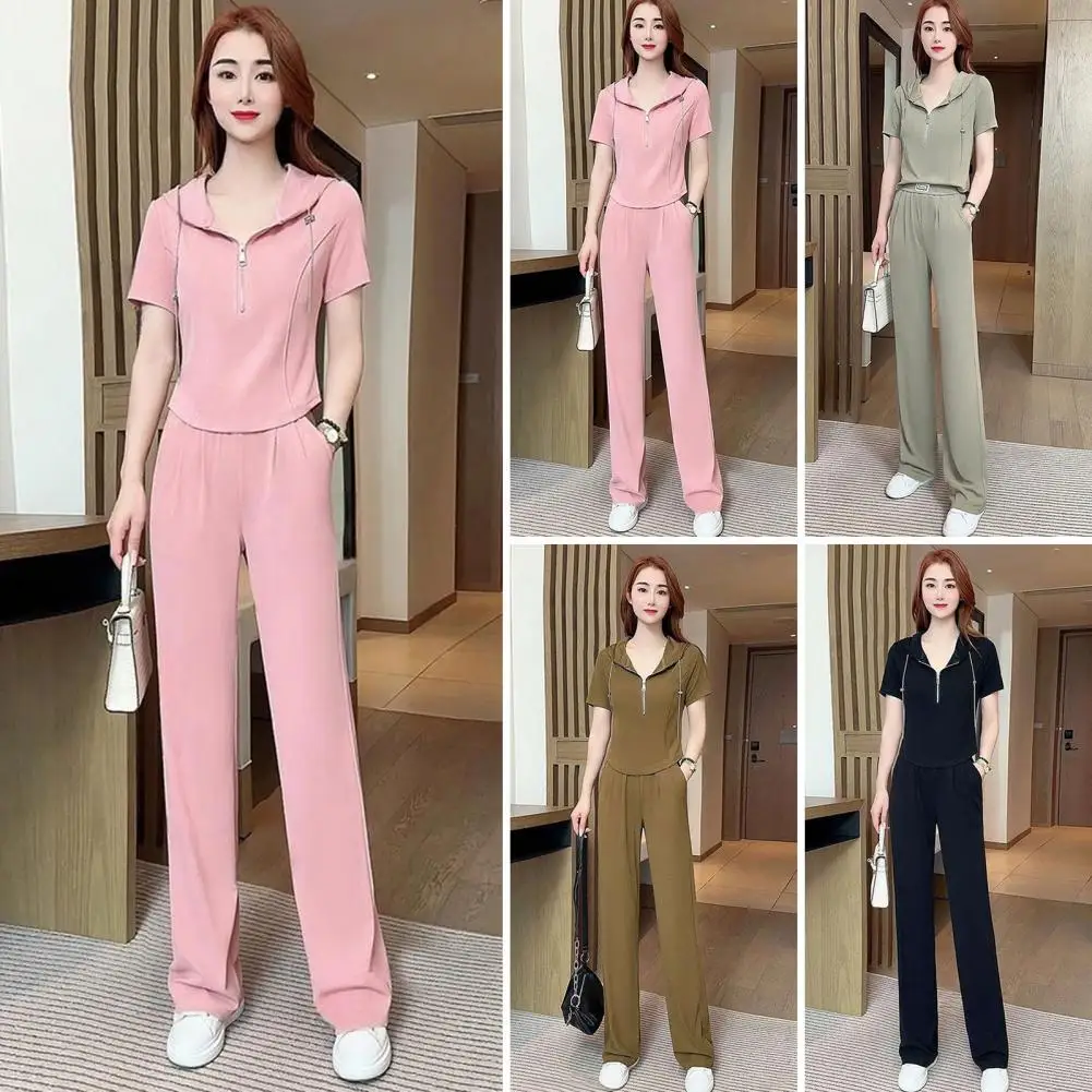 Wide-leg Trousers Stylish Women's 2-piece Set Short Sleeve Hooded Sweatshirt Wide Leg Pants Comfortable Elastic Waist for Sport