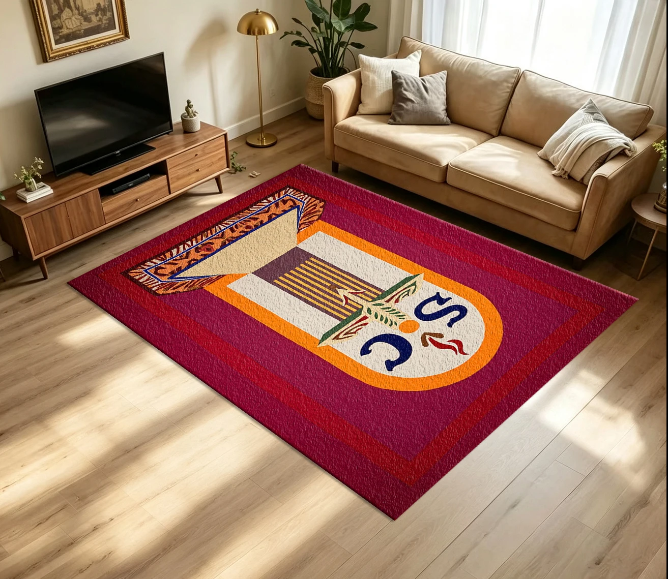 Abstract Ethnic Totem Art Carpet Flooring Bold Color Block Geometric Symbol Printed Floor Rug for Household Indoor Artistic Aesthetic Home Decoration