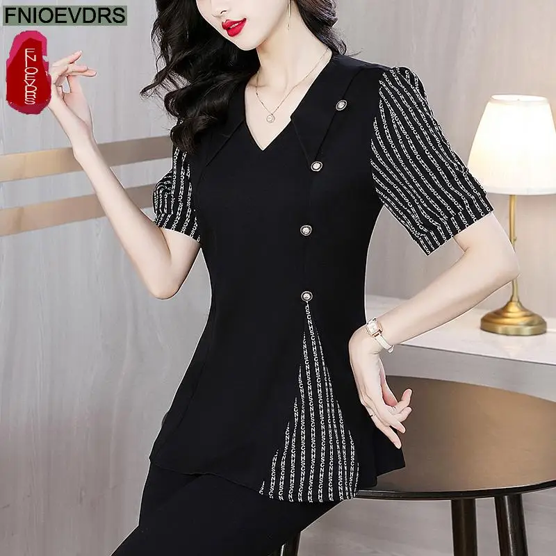 Retro Vintage Bloemenprint Tops 2025 Zomer Nieuw Ontwerp Vrouwen Office Lady V-hals Zwarte Knop Patchwork Basic Shirts Blouses