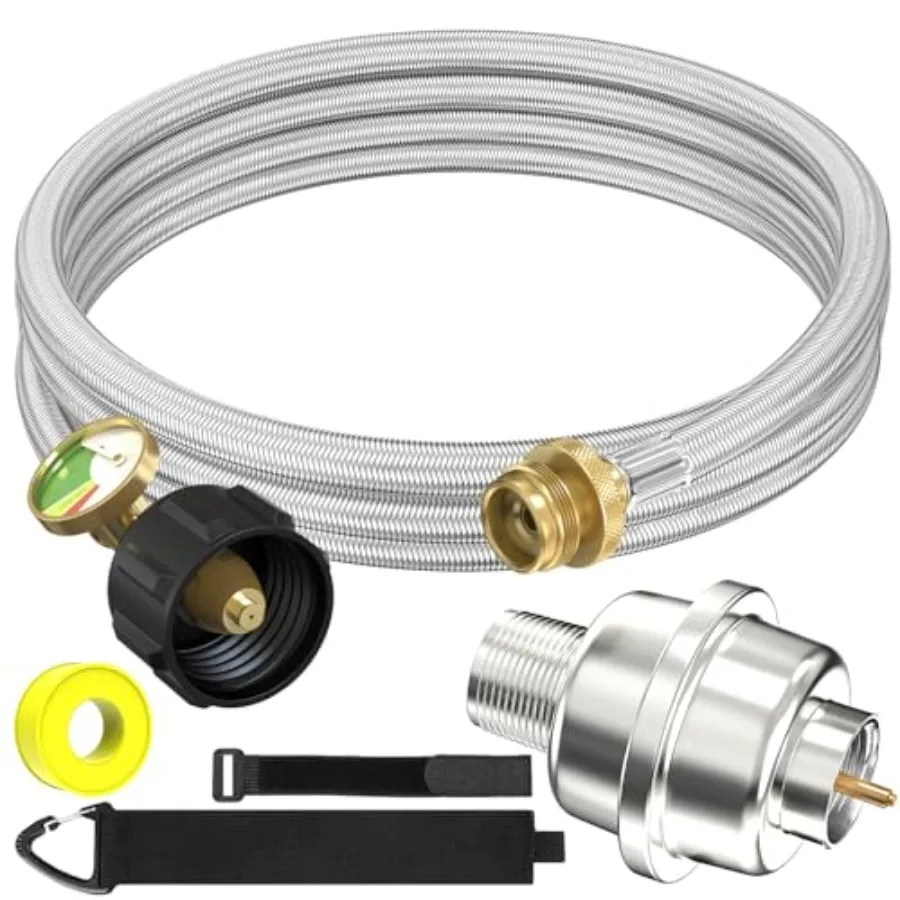 

Stainless Braided Propane Adapter Hose with Gauge, Adapter Hose with QCC1/Type1 Adapter Connect 20-45 lb Propane Tank 10FT Exte