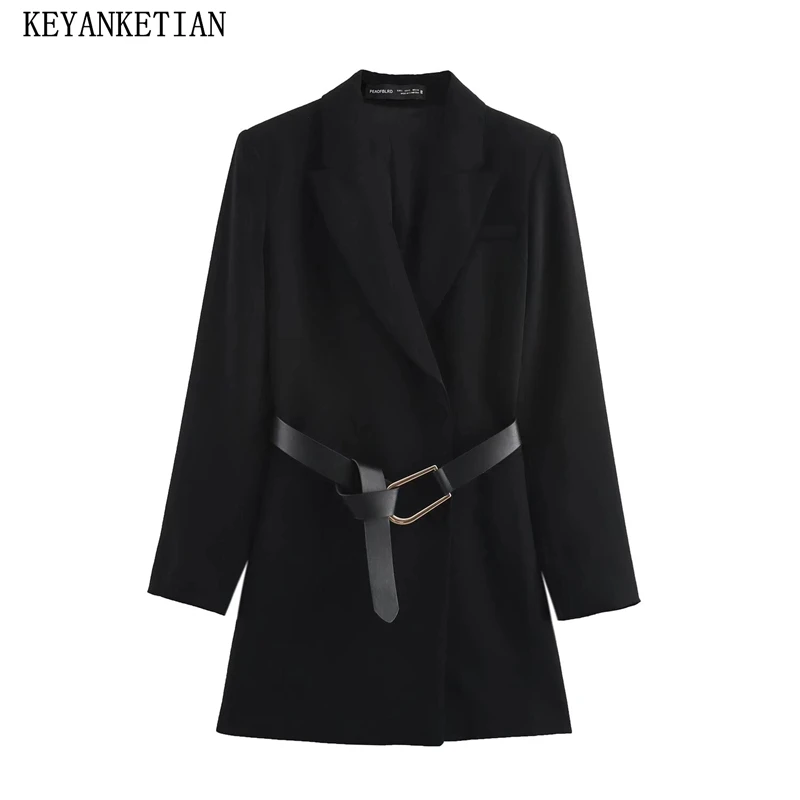 KEYANKETIAN 2025 Spring New Women's With Belt Black Suit Dress Office Lady Double Breasted Slim Long Sleeve Fashion Mini Dress