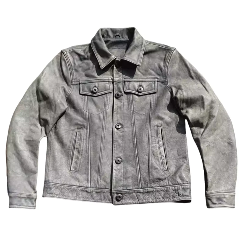 

Grey Autumn Leather Jacket Men Vintage Style Plus Size 4XL Genuine Natural Cowhide Turn-Down Collar Single Breasted Denim Coat