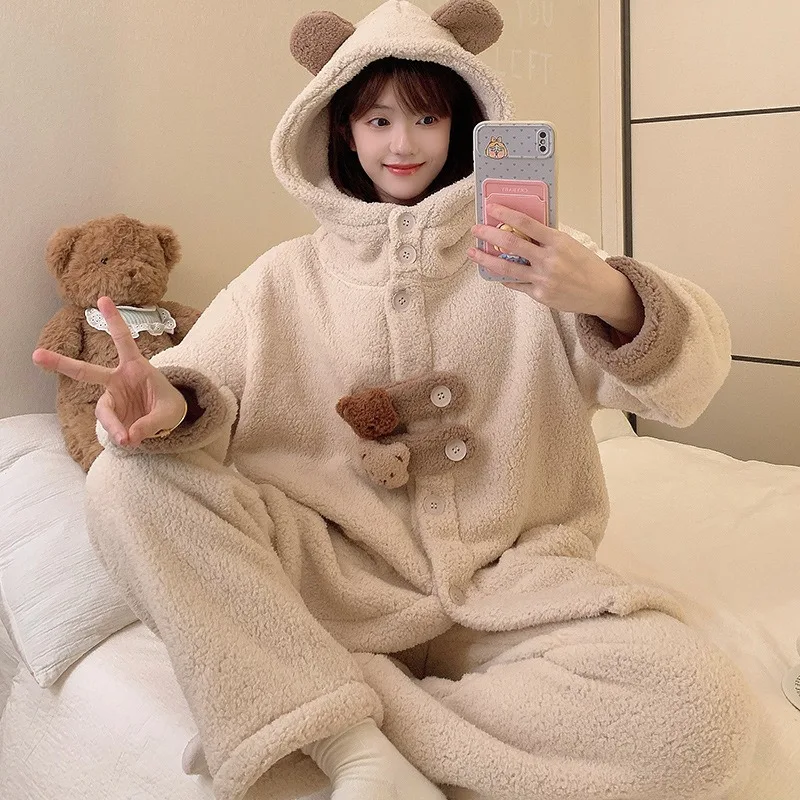 

5XL плюс размер, зимний пижамный комплект с капюшоном, женский плотный корейский студенческий домашний костюм с героями мультфильмов, одежда для сна из кораллового флиса, свободная домашняя одежда