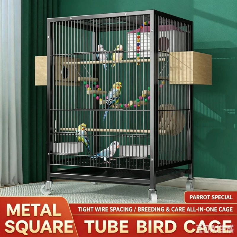 Large Metal Square Tube Bird Cage with Breeding Box for Parrot Budgie Cockatiel Indoor Pet Home with Multi Door and Wheels