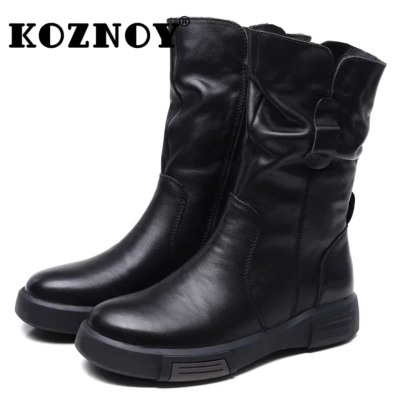 Koznoy 3.5cm Natural Cow Genuine Leather Spring Flats Boots Fashion Zip Knee High Women Chimney Booties Autumn Ladies Shoes