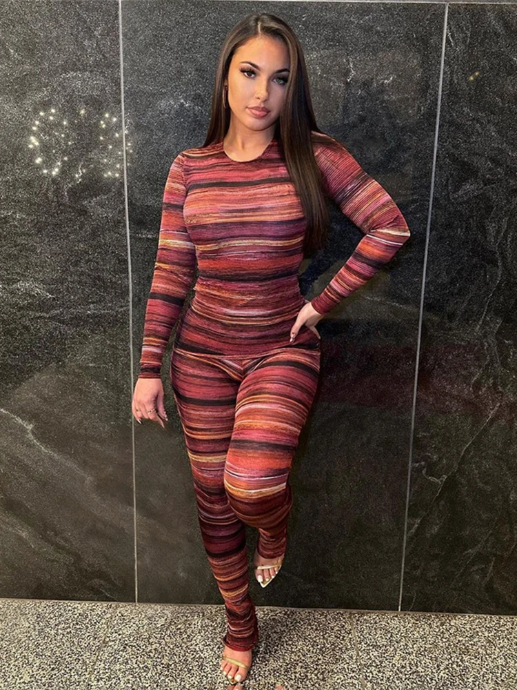 CUtenew カジュアル カラフル ストライプ 2 ピース セット 女性スポーティー秋クロップトップス + レギンスマッチングタイトストレッチトラックスーツストリートウェア