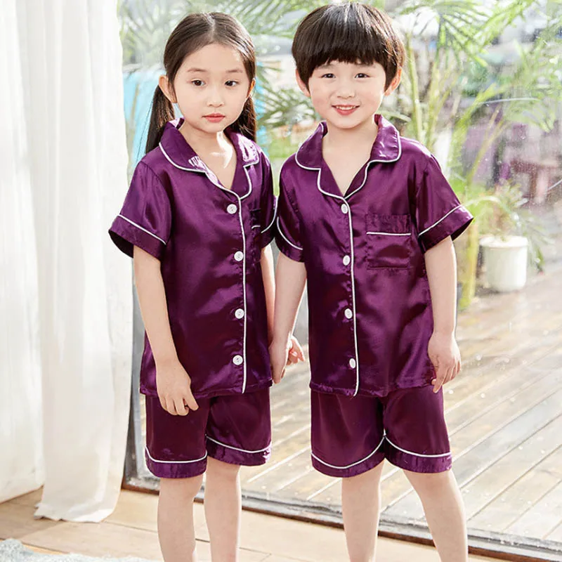 2024 Children Pajamas Sets Satin Silk Boy Pijama Toddler Girl Pyjama Navy Blue Night Clothing Kids Lounge Wear Summer Short Pjs