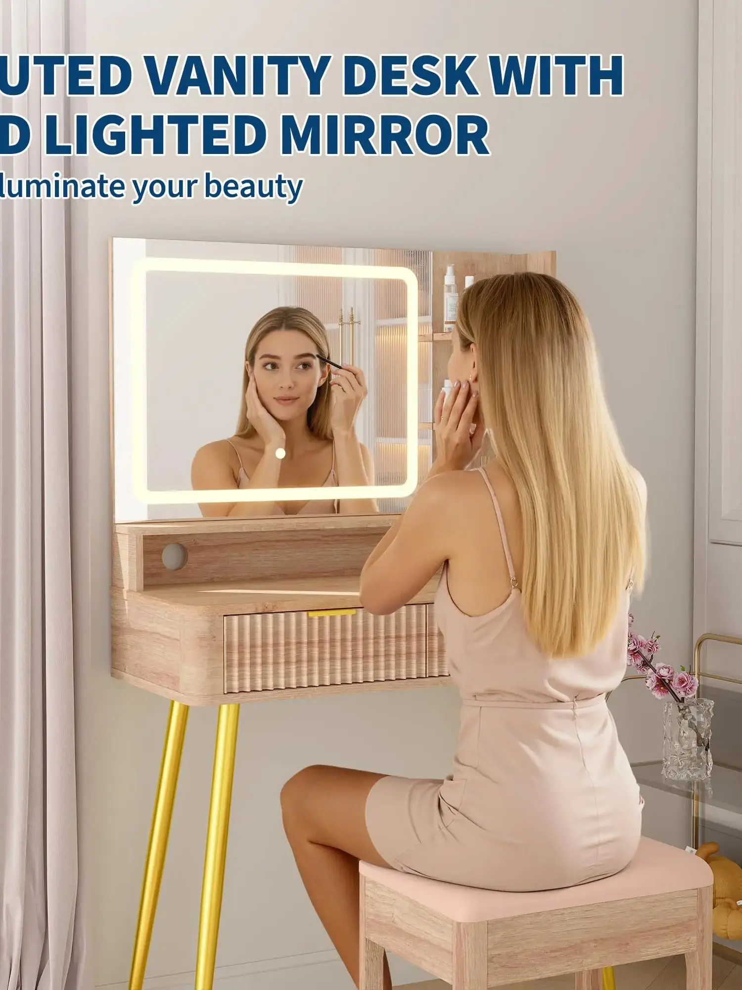 31-inch Modern Makeup Vanity Desk with LED Mirror & 3-Color Lights, Fluted Design Dressing Table with Storage Cabinet