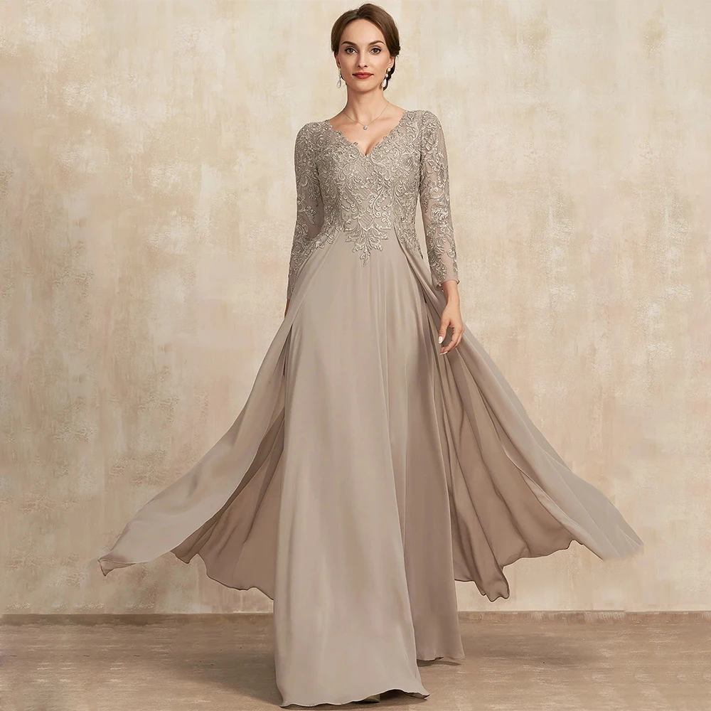 Champagne Wedding Guest Dresses Customized V Neck Sequined Applique Chiffon Summer Mother of The Bride Dress Party Gown