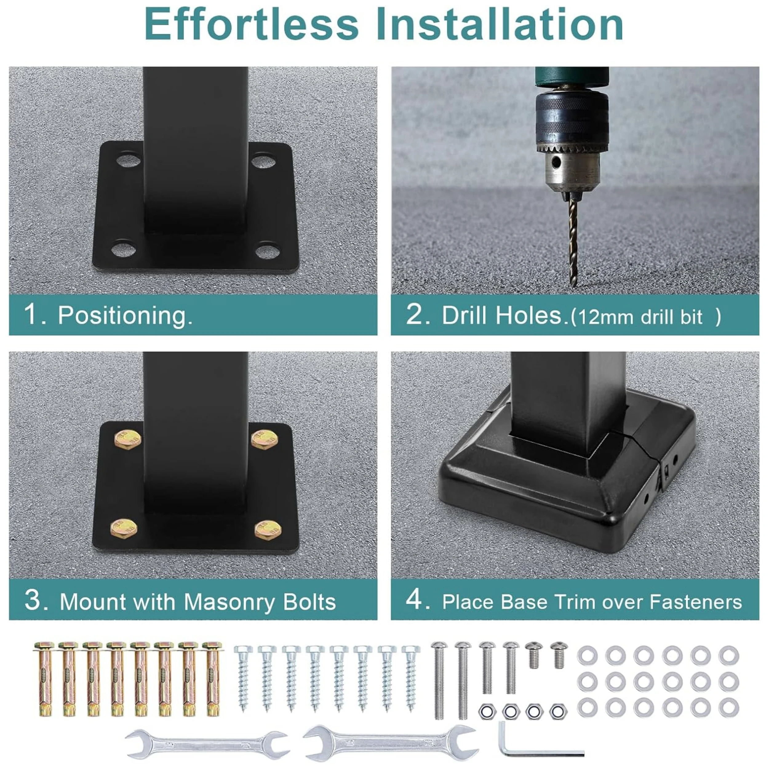 درابزين خارجي أسود - درابزين مزدوج عالي التحمل يناسب خطوة 1-2 مع مجموعة التثبيت - حديد غير لامع للشرفة الخرسانية
