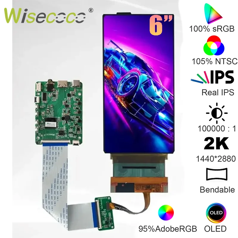 

Wisecoco 6 Inch OLED Flexible Display 2K 2880x1440 IPS Amoled Bendable Screen 60Hz Landscape By Default Driver Board DIY KIT