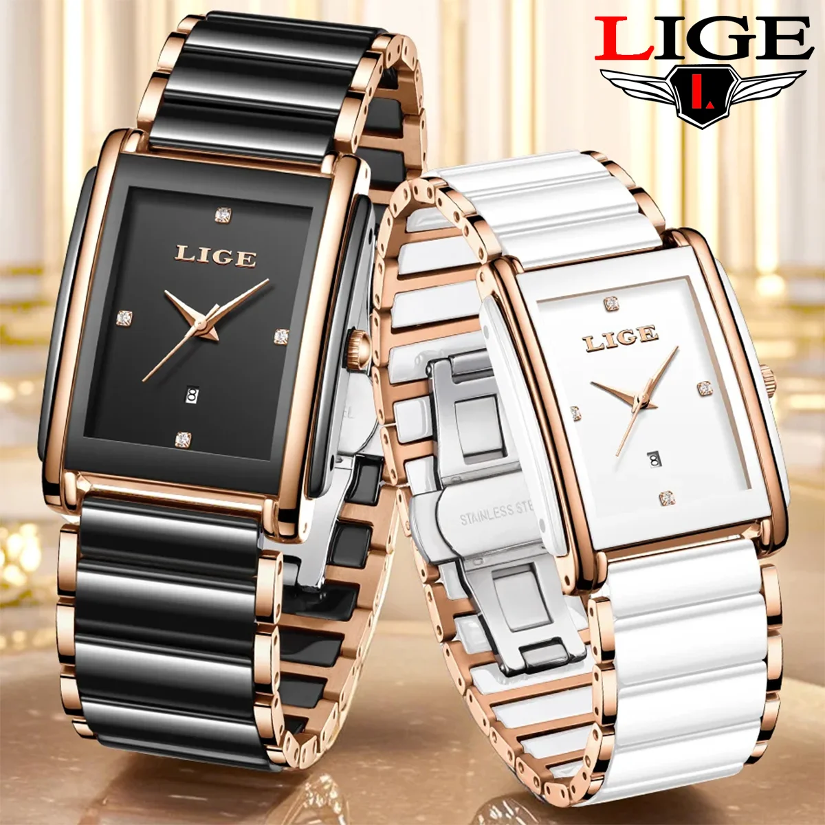 LIGE Women Elegant Watches Fashion Simple Diamond Dial Ceramic Women Quartz Watches Ceramic Birthday Gift Ladies Wristwatches